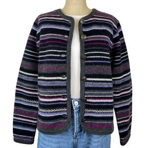 Vintage Tally Ho 100% Wool Button Down Striped Purple Black Cardigan Sweater (S)